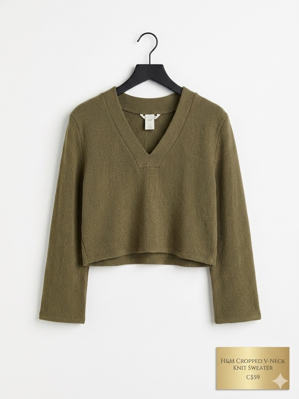 H&M Cropped V-Neck Knit Sweater - Olive Khaki Green (Size XS) EUC